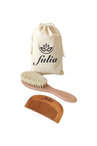 Fulia Doğal Keçi Kılı Bebek Saç Fırçası + Doğal Ahşap Tarak 2'li