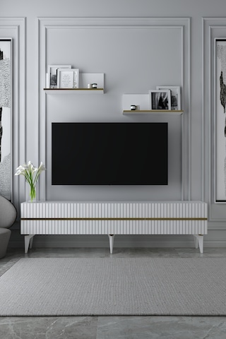 180dhdtrü5ba Tedy Lazer Pleksi Desenli Raflı Tv Sehpası Ünitesi Beyaz-altın
