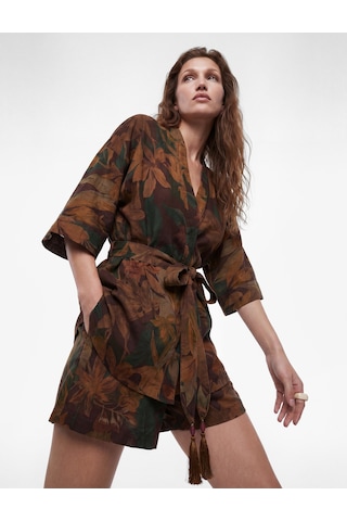 Koton Koton X Melis Ağazat - Püsküllü Kuşak Detaylı Floral Desenli Kimono Kahverengi Desenli 6sak50039ew