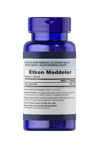 Puritans Pride Alpha Lipoic Acid 300 Mg 60 Kapsül