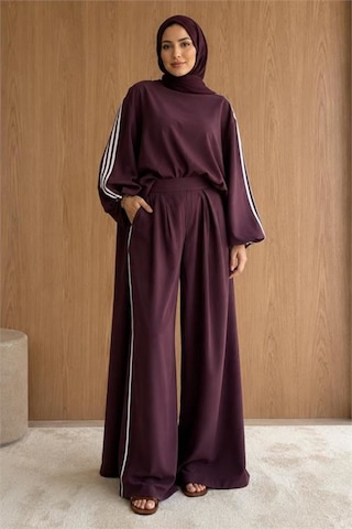 Neşeli Butik Kadın Bordo Şerit Detaylı Oversize Tunik Pantolon İkili Tesettür Takım Nms102