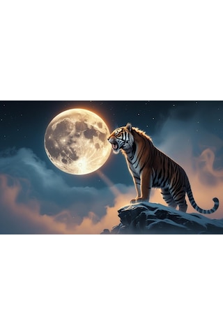 Kaplan Sisli Bir Dağda Aya Kükrüyor 02 Çerçevesiz 50x30 Cm Pvc Tablo