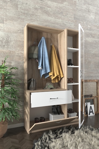 AE-3042 Reina Aynalı Delüx Vestiyer Ayakkabılık Portmanto Takımı Sonoma