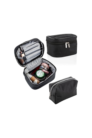 Seyahat Makyaj Çok Fonksiyonlu Kozmetik Çantası Kumaş 2'li Set Siyah