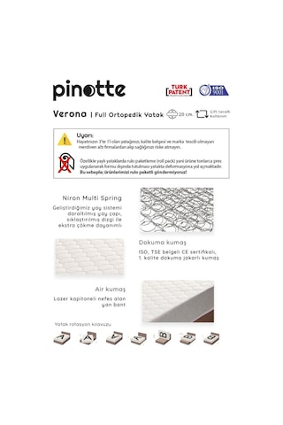 Nironyatak Çift Kişilik Yatak 180X200 Cm Full Ortopedik Sert Yatak Verona