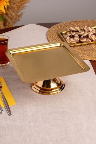 Gold Kare, Ayaklı Şık Kek, Pasta, Kurabiye Ve Tatlı Servis Sunum Standı Gold