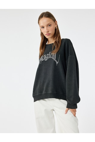 Koton Şardonlu Uzun Kollu Bisiklet Yaka Taşlı Baskılı Oversize Sweatshirt Antrasit 6wal10240ık