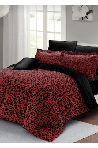 240x260 Cm Çift Kişilik Nevresim Takımı Pamuk Saten Çeyizlik Premium Leopar Desen Lüx Marka Kırmızı