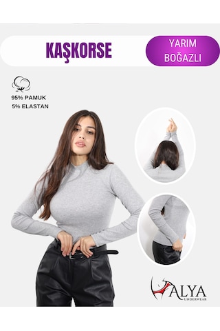 Kaşkorse Yarım Boğaz Body Sweatshirt, Fitilli Kumaş, Likralı, Bordo Gri Melanj