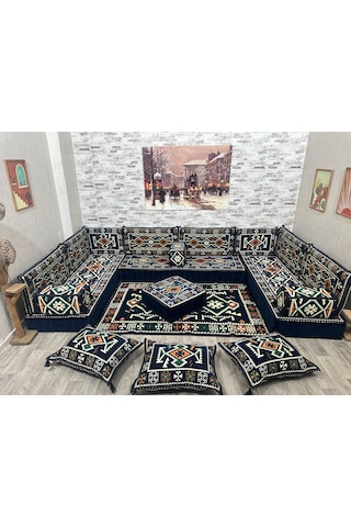 Coton Şark Köşesi Otantik Desenli Lüks Minder Takımı Konsept Lacivert