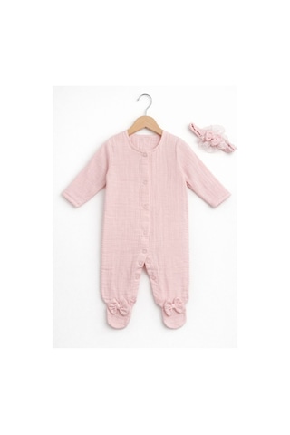Kardeşler Bebe Fiyonk Ve Dantel Detaylı Çıkarılabilir Yaka Kız Bebek Patikli Tulum + Saç Bandı Pembe