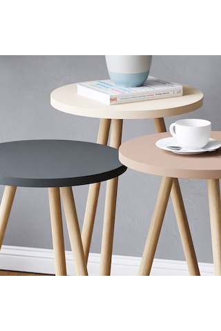 İntergo Renkli Üçlü Zigon Sehpa Ahşap Ayaklı Yuvarlak Pastel Tasarım Cappuccino-Gri-Krem