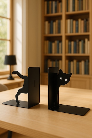 Sevimli Gözlü Kedi Figürlü Metal Kitap Tutucu 2 Li Set Dekoratif Kitaplık Ve Masa Üstü Aksesuarı