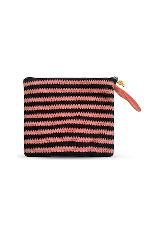 Lento Design El Örgüsü Çizgili Clutch Çanta Siyah & Somon Pamuk Portföy, Fermuarlı El Yapımı Cüzdan Bej