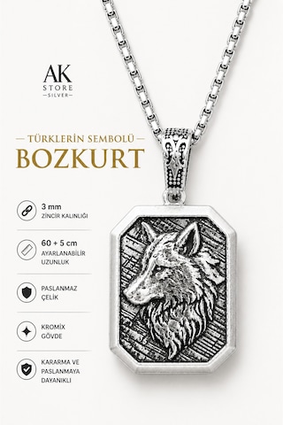 Erkek, Bozkurt, Türk, Türk'ün Sembolü K-108 Paslanmaz Kromix Çelik Gümüş Kaplama Kolye Madalyon Beyaz