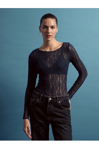 Dilvin 32764 Kayık Yaka Dantel Top-indigo İndigo