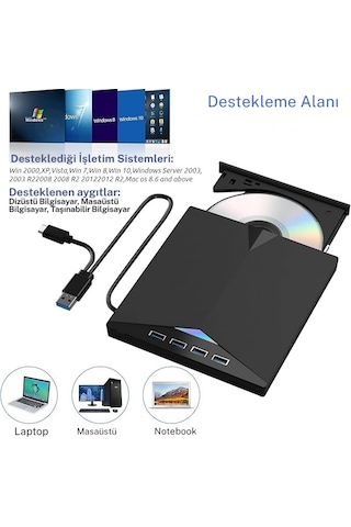 Monozone Harici Cd Dvd Rom Yazıcı Okuyucu Type-c Usb 3.0 Hub