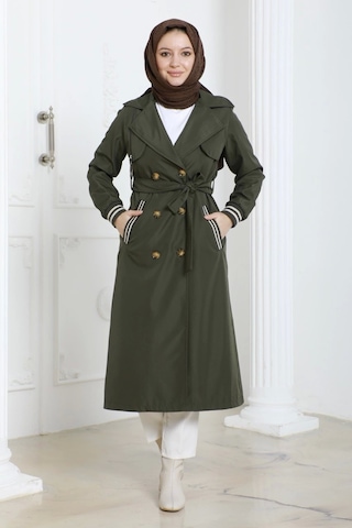Bondit Kumaş Ribanalı Uzun Boy Trençkot / Haki - M0110 Haki