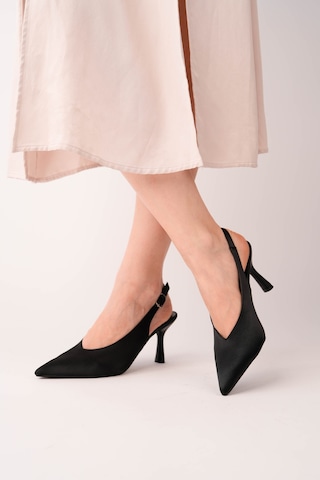 Esatsani Siyah Saten Sivri Burun Arka Açık 9 Cm Topuk Vısıon Stiletto Kadın Ayakkabı Siyah Saten