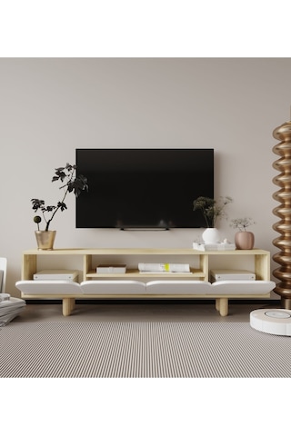 Lazio Bohem Ahşap Ayaklı Tv Ünitesi Tv Sehpası Safir Meşe-beyaz
