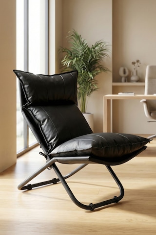 Lumis Garden Prestij Katlanabilir Deri Lounge Koltuğu Çıkarılabilir Kılıf, Modern Metal İskelet Siyah