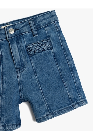 Koton Pamuklu Yüksek Belli Örgü Detaylı Denim Şort Lıght Indıgo 5skg40104ad Açık Mavi