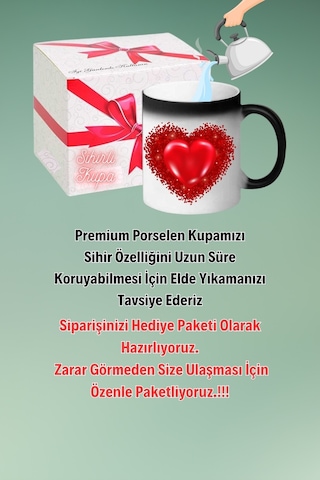 Kırmızı Kalp Baskılı Sihirli Kupa Bardak Çay Kahve Fincanı Beyaz