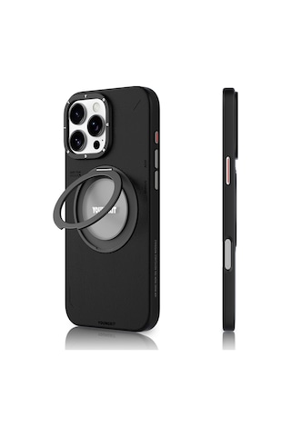 Apple Uyumlu iPhone 16 Pro Max Kılıf Magsafe Özellikli 360 Standlı Deri Desenli Youngkit Tech Leather Seri Siyah