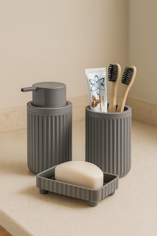 Banyo Takımı Diş Fırçalık Sıvı Sabunluk Katı Sabunluk 3'lü Set Gri Çok Renkli