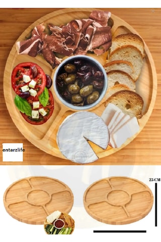 5 Bölmeli Bambu Yuvarlak Sunum Tabağı Kahvaltılık ,çerezlik 25 Cm