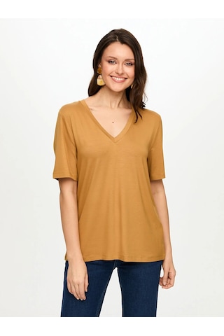 Faik Sönmez V Yaka Kısa Kol Kadın T-shirt Bs26tsh001 Camel