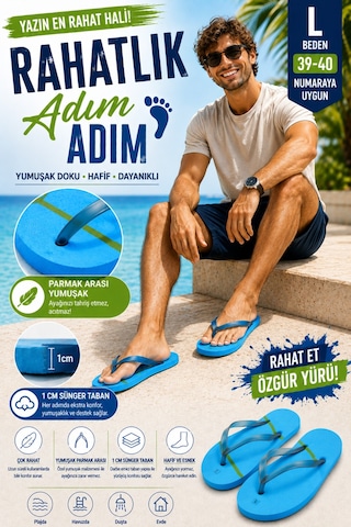 Pazarız Basic Parmak Arası Terlik Unisex Kadın Erkek Çocuk Eva Plaj Terliği Flip Flop Yazlık Deniz Havuz Günlük Kullanım Rahat Yumuşak Taban Acıtmaz Hafif Kaymaz Terlik Mavi
