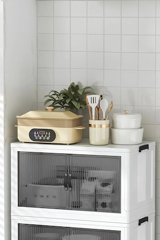 Çok Amaçlı Kapaklı Portatif İstiflenebilir Tekerlekli Organizer Dolap Beyaz Beyaz