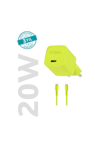 Smartcharger Gan 20w Pd Seyahat Hızlı Şarj Aleti + Usb-c - Usb-c 3a Kablo Neon Neon Sarı
