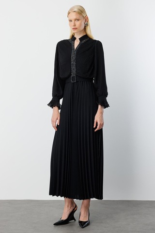 Moda İlgi Kadın Ön Bedeni Taşlı Piliseli Elbise 0060 Siyah Siyah