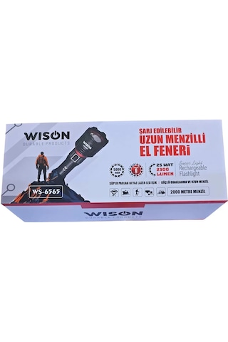 Wison Ws-6565 25wat 5000mah 2300lm Şarjlı Uzun Menzilli El Feneri Siyah