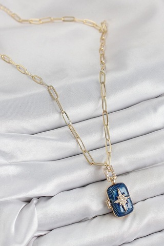 Pirinç Zirkon Taşlı Açılabilir Kutup Yıldızı Model Gold Renk Kadın Kolye Çok Renkli