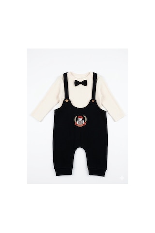 Gülerçocuk Erkek Bebek Papyonlu Siyah Salopet Takım - Cool Bear Nakışlı Pamuklu 2'li Set Lacivert