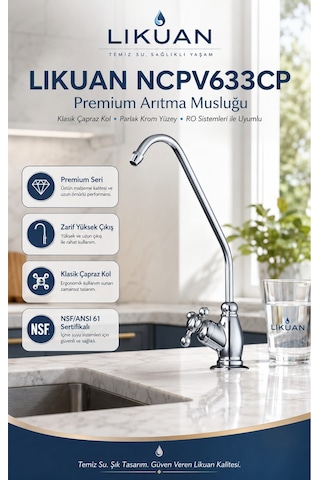 Ncpv633cp Nsf Ansı 61 Sertifikalı Krom Ro Su Arıtma Musluğu Çapraz Kollu Premium Musluk Gümüş