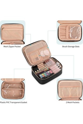 Makyaj Çantası, Sevimli Makyaj Düzenleyici Çanta Taşınabilir Makyaj Çantası Kozmetik Tuvalet Aksesuarları Bölücü Ve Fırça Bölmeleri, Makyaj Seyahat Çantası Kozmetik Çantaları Kadın Ve Kızlar-siyah Altın