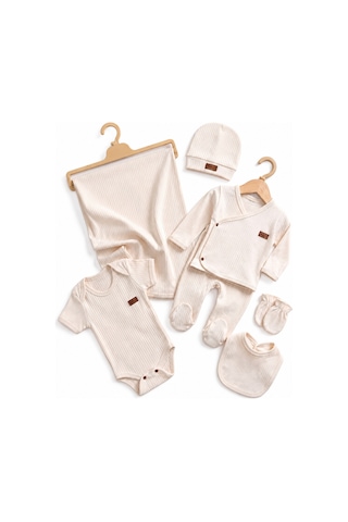Lilliy %100 Organik Pamuklu 7'li Yenidoğan Bebek Hastane Çıkış Seti Uzun Kollu Üst, Patikli Pantolon, Kısa Kollu Zıbın, Battaniye, Şapka, Eldiven Ve Önlük Seti Ekru