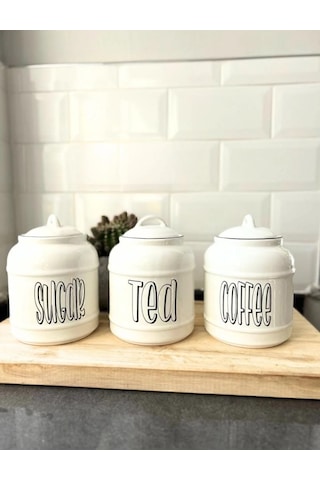 3lü Seramik Sugar Tea Coffee Kavanoz Seti Kapaklı Tezgah Üstü Saklama Kavanozu 1400 Ml Beyaz