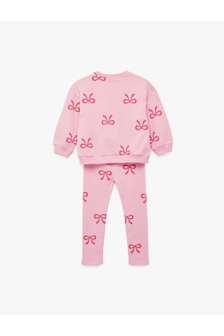 Koton Uzun Kollu Bisiklet Yaka Pamuklu Fiyonk Baskılı Sweatshirt Ve Tayt Seti - 2'li Takım Pembe Desenli 6smg10103ak Pembe