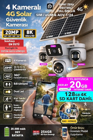 20mp 4 Kamera 360 İzleme Güneş Enerjili 4g Sim Kartlı Güvenlik Kamerası 128gb Sd Kart Ve 20gb İnternet