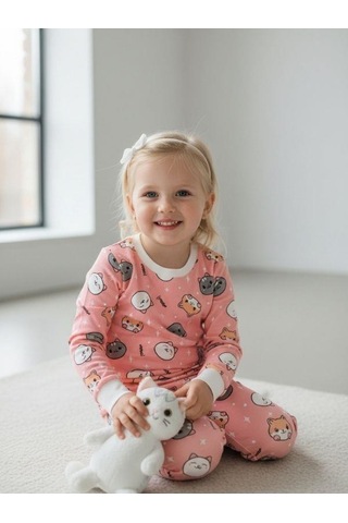 Kız Çocuk Kedi Baskılı Pamuklu Pijama Takımı-16832 Renkli