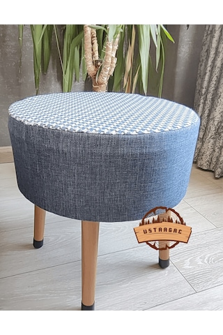 Puf Koltuk Tabure - Lacivert Keten Örme Kaz Ayağı - Ahşap Gürgen