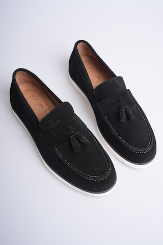 Fame Step Hakiki Deri Erkek Loafer Ayakkabı Süet Günlük Rahat Casual Mokasen Püsküllü Siena Siyah