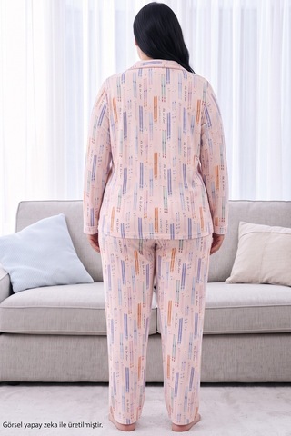 Siyah İnci Pembe Desenli Termal Kumaşlı Ultra Soft Yumuşak Büyük Beden Battal Boy Düğmeli Örme Pijama Takımı 26226536