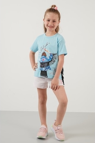 Lela Pamuklu Baskılı Püskül Detaylı Bisiklet Yaka Kız Çocuk T Shirt 6211020 Açık Mavi