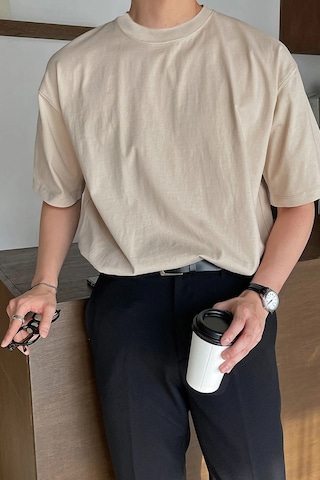 Genius Store Erkek Oversize Tişört Pamuk Kumaş Bisiklet Yaka Rahat Kalıp T-shirt Bej